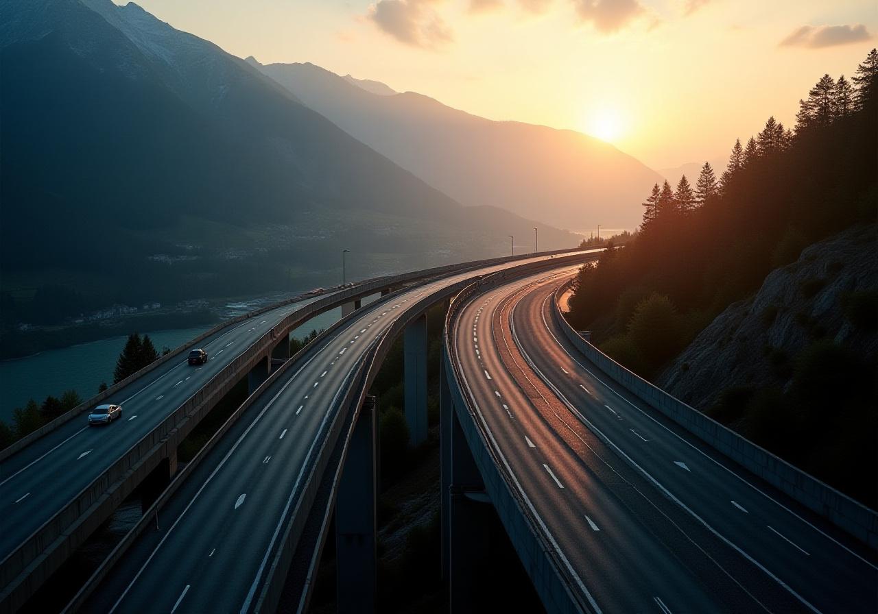 Moderne Autobahnbrücke in der Schweiz bei Sonnenuntergang